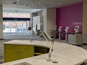 Some of the features of the renovations to the main branch of the Brantford Public Library on Colborne Street in downtown Brantford, Ontario include a new customer service desk, self-checkout machines, an automated book return sorter, and a spacious, fully accessible front entrance. Brian Thompson/Brantford Expositor/Postmedia Network