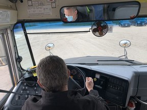 M-5 bus driver Ted Mabb departs the Murphy Bus Lines yard in Mitchell to pick up his load of 40-46 students from Upper Thames elementary school (UTES) Oct. 21. ANDY BADER/MITCHELL ADVOCATE