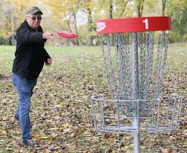 Thames Grove Disc Golf founder John Shewburg practises at the Thames Grove Disc Golf Course at the Thames Grove Conservation Area in Chatham, Ont., on Saturday, Oct. 24, 2020. Mark Malone/Chatham Daily News/Postmedia Network