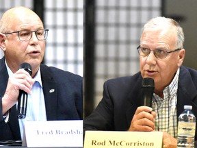 Fred Bradshaw (SaskParty) and Rod McCorriston (NDP) squared off in a candidate forum in Nipawin on October 19. Invited candidates from the Conservative and Green Parties did not attend. Photos Susan McNeil.