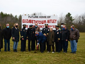 Elizabethtown-Kitley Township Mayor Brant Burrow, surrounded by councillors, fire officials and other locals, breaks ground on the brand new Fire Station 3 in Frankville on Thursday, Oct. 29, 2020.