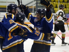 The Fort McMurray Oil Barons celebrate a goal against the Bonnyville Pontiacs at the Centerfire Place on Friday, October 16, 2020. Laura Beamish/Fort McMurray Today/Postmedia Network