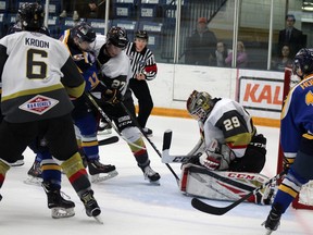 Bonnyville Pontiacs goalie Easton Hesse stops the Fort McMurray Oil Barons from scoring in the final minutes of the game at the Casman Centre on Tuesday, Sept. 24, 2019. Laura Beamish/Fort McMurray Today/Postmedia Network