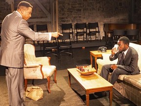 Cassel Miles plays Martin Luther King Jr. and Paul Smith is Malcolm X in Theatre Kingston's production of "The Meeting," now playing at the Tett Centre. (Tim Fort/Supplied Photo)