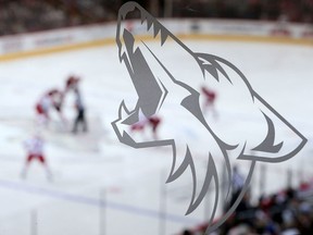 A Coyote's logo is depicted on a glass railing as the Phoenix Coyotes face off against the Carolina Hurricanes during the NHL game at Jobing.com Arena on December 14, 2013 in Glendale, Arizona. PHOTO BY CHRISTIAN PETERSEN /Getty Images