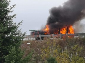 Emergency services responded to a truck fire on Highway 11 Sunday afternoon.