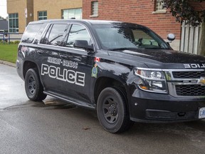 A police vehicle parked at the Strathroy-Caradoc Police Service in Strathroy, Ont. on Wednesday September 30, 2020. (Derek Ruttan/The London Free Press)