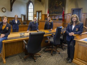 All five women from the Middlesex County council have banded together to form a women's caucus to deal with COVID-19 fallout. From left Cathy Burghardt-Jesson, Warden of Middlesex County; Aina DeBiet, Mayor of Middlesex-Centre; Alison Warwick, Mayor of Thames Centre; Kelly Elliot, Deputy Mayor of Thames Centre; and Joanne Vanderheyden, Mayor of Strathroy-Caradoc. Photograph taken on Friday October 30, 2020 in County council chambers. Mike Hensen/The London Free Press/Postmedia Network