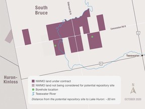 A map supplied by the Nuclear Waste Management Organization showing the proposed area of its proposed deep geological repository for used nuclear fuel in South Bruce.