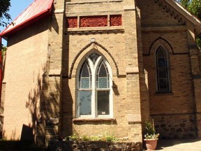 Saugeen Wesley United Church, which fire destroyed but for its walls early Monday, Sept. 28, 2020, was built in 1891 on a rise facing the Saugeen River below. (Saugeen First Nation United Church Facebook page.)