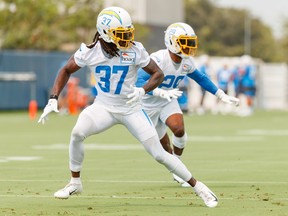 Toronto’s Tevaughn Campbell runs through cornerback drills during a Los Angeles Chargers practice at Hoag Performance Center in Costa Mesa, Calif., early last month. Today, Campbell could become the first Canadian since the 1960s to start an NFL game at cornerback.
