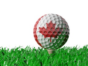 3D rendering of golf ball with Canadian flag on grass, isolated on white background.