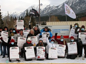 Staff from the Canmore General Hospital walked off the job on October 26. Workers who took part in the protest said their jobs are at risk of being outsourced by the provincial government to private companies. Photo Marie Conboy/ Postmedia.