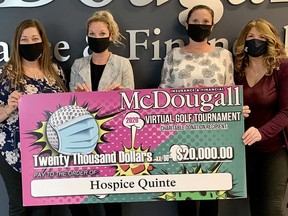 McDougall Insurance and Financial staff members and tournment organizers Shelly Rees, Caley Weese and Patti Middleton present a $20,000 donation raised at McDougall's first ever virtual Charity Golf Tournament to Sandi Ramsay, Donor Relations Manager, Hospice Quinte for the Heart & Home Building Campaign in support of the future Hospice Quinte Care Centre.
SUBMITTED PHOTO