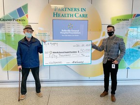 Ben Murphy, left, and his late wife, Audrey, donated $50,000 to the Belleville General Hospital Foundation. Accepting the gift was executive director Steve Cook, right. Submitted/The  Intelligencer/Postmedia Network