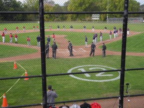 Former Brantford Red Sox players turn out Saturday for a charity baseball game at Arnold Anderson Stadium at Cockshutt Park and to remember one of their own,  Jamie Corke, who died last year. The field was prepared with a giant No. 12 behind home plate.