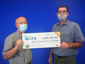 Peter Tsiokos of Cambridge and Carlos Puim of Paris are part of a group of 13 people from Southwestern Ontario and Alberta who are sharing a $1 million Lotto Max Maxmillions prize from the February 25, 2020 draw.