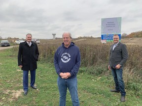 Brantford Mayor Kevin Davis (left), trustee Greg Anderson, chair of the Grand Erie District School Board, and Brantford-Brant MPP Will Bouma at Thursday's announcment of provincial government funding for a new public elementary school in West Brant. Vincent Ball