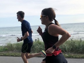 Brantford's Krista DuChene is paced by Michael Gill during a recent run. DuChene, a 2016 Olympian in the marathon, will compete in her first 50-kilometre trail run next month.