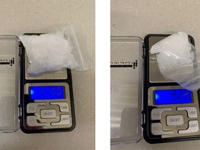 Gananoque police released these images of crystal meth seized in an arrest on Friday night. (SUBMITTED PHOTO)