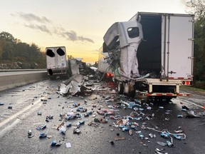 Provincial police released this image of a collision between two tractor trailers and another vehicle on Highway 401, at Brockville, late Monday afternoon.(SUBMITTED PHOTO)