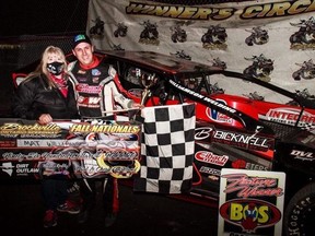 Mat Williamson claims the top prize of $10,000 for winning the Mike LaSalle Memorial for 358 modifieds at the Fall Nationals at Brockville Ontario Speedway on Saturday.
Henry Hannewyk Photography