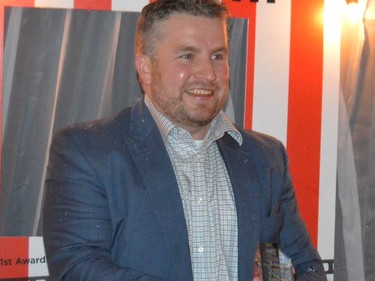 Ryan Billing receives the 2020 Community Excellence Award at the Brockville and District Chamber of Commerce gala on Thursday night.
Tim Ruhnke/The Recorder and Times