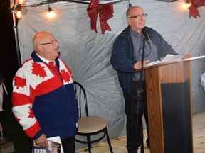 Awards of Excellence gala emcee Bruce Wylie looks on as Jimmy Kafenzakis of Luna Pizzeria accepts the 2020 Small Business of the Year award from the Brockville and District Chamber of Commerce.
Tim Ruhnke/The Recorder and Times