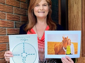 Sharon Campbell-Rayment displays a Malachi's Circle of Hope labyrinth and a photo of her beloved horse. Contributed photo