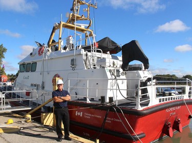 Stephen Ingram, president of Hike Metal Products, stands by the fourth Bay Class Search and Rescue vessel the Wheatley company has built for the Canadian Coast Guard. On Monday, a crew will begin a 10-day journey to deliver the vessel to Dartmouth, Nova Scotia. Ellwood Shreve/Chatham Daily News/Postmedia Network