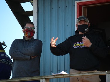 Public relations director Martin Belanger (left) and race director Joel Doiron at the pit tower during the pre-race meeting. Photo on Sunday, October 11, 2020, in Cornwall, Ont. Todd Hambleton/Cornwall Standard-Freeholder/Postmedia Network