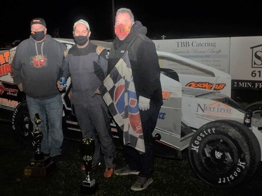 Modified series winner Corey Wheeler, with sponsor Les Winters (left) and speedway owner/promoter Raymond Lavergne.Handout/Rick Young Photo/Cornwall Standard-Freeholder/Postmedia Network