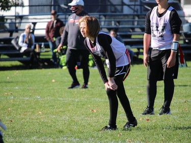 Peewee grey team pass rusher Charlotte Carr gets ready to run in a Cornwall Wildcats flag football peewee division game at Joe St. Denis Field. Photo on Sunday, October 12, 2020, in Cornwall, Ont. Todd Hambleton/Cornwall Standard-Freeholder/Postmedia Network