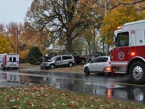 An afternoon collision between two vehicles closed a portion of Cumberland St. on Monday. Occupants of both a van and a car were not injured in the crash. The accident happened at about 3:30 p.m., which the street being re-opened at about 4:00 p.m. Photo taken on Monday October 19, 2020 in Cornwall, Ont. Francis Racine/Cornwall Standard-Freeholder/Postmedia Network