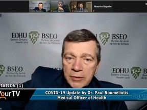 Handout Not For Resale
A screengrab of EOHU medical officer of health Dr. Paul Roumeliotis, speaking to Cornwall city council on Monday, Oct. 26, 2020.