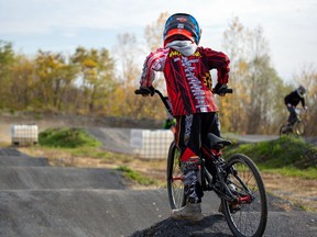 This rider takes on the mogul-like portion of the track at Cornwall BMX club during what was likely the final day of racing for 2020, on Monday October 26, 2020 in Cornwall, Ont. 
John Macgillis/Special to the Cornwall Standard-Freeholder/Postmedia Network