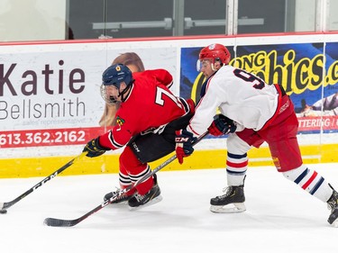 Brockville Braves Clay Korpi fends off a Cornwall Colts player during pre-season play on Sunday October 11, 2020 in Cornwall, Ont. 
Robert Lefebvre/Special to the Cornwall Standard-Freeholder/Postmedia Network