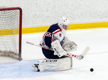 Cornwall Colts goaltender watches a Brockville Braves shot rebound during pre-season play on Sunday October 11, 2020 in Cornwall, Ont. 
Robert Lefebvre/Special to the Cornwall Standard-Freeholder/Postmedia Network