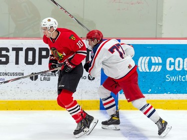 Cornwall Colts Sam Gaudreau, right, chases a Brockville Braves player during pre-season play on Sunday October 11, 2020 in Cornwall, Ont. 
Robert Lefebvre/Special to the Cornwall Standard-Freeholder/Postmedia Network