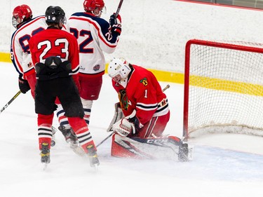 Brockville Braves goaltender smothers a rebound during pre-season play against the Cornwall Colts on Sunday October 11, 2020 in Cornwall, Ont. 
Robert Lefebvre/Special to the Cornwall Standard-Freeholder/Postmedia Network