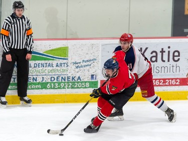 Brockville Braves Clay Korpi fends off Cornwall Colts Kobe Tallman during pre-season play on Sunday October 11, 2020 in Cornwall, Ont. 
Robert Lefebvre/Special to the Cornwall Standard-Freeholder/Postmedia Network