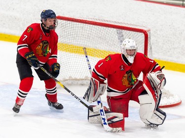 Brockville Braves Clay Korpi guards the end of the crease in front of his teammate during pre-season play against the Cornwall Colts on Sunday October 11, 2020 in Cornwall, Ont. 
Robert Lefebvre/Special to the Cornwall Standard-Freeholder/Postmedia Network