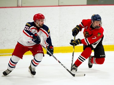 Cornwall Colts Charles-Edward Tardif and Brockville Braves Clay Korpi break out of the zone during a pre-season scrimmage between the two teams on Saturday October 3, 2020 in Cornwall, Ont. 
Robert Lefebvre/Special to the Cornwall Standard-Freeholder/Postmedia Network