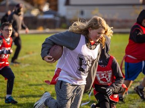 Cornwall Wildcats Ball carrier Hayden Quibell, 10, hustling during a play in club's house league semifinals on Monday October 26, 2020 in Cornwall, Ont. 
John Macgillis/Special to the Cornwall Standard-Freeholder/Postmedia Network
