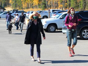 Provincial leader of the opposition Rachel Notley joins members of the Greater Bragg Creek Trails Association for a walk through West Bragg Creek Provincial Park and a discussion on parks funding October 2. Patrick Gibson/Cochrane Times