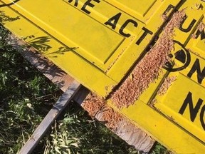 A damaged sign in a photo supplied by Protect Our Waterways - No Nuclear Waste.