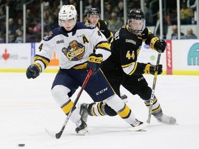 Sarnia Sting's Jacob Perreault (44) chases Erie Otters' Jamie Drysdale (4) during an OHL game at Progressive Auto Sales Arena in Sarnia, Ont., on Friday, Jan. 17, 2020. Mark Malone/Chatham Daily News/Postmedia Network