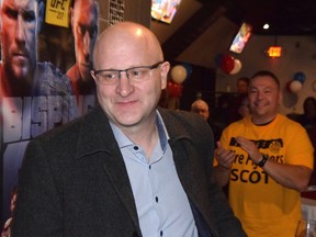 Mayor-elect Don Scott makes his entrance at his election party at Sociables in Thickwood in Fort McMurray, Alta. on Monday, Oct. 16, 2017. Cullen Bird/Fort McMurray Today/Postmedia Network.