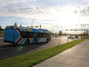 A bus that has just left the bus turnout in Timberlea in Fort McMurray drives down Confederation Way on Saturday, October 3, 2020. Laura Beamish/Fort McMurray Today/Postmedia Network