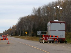 A checkpoint outside Janvier, managed by the Chipewyan Prairie Dene First Nation, on Oct. 1, 2020. The First Nation restricted access to the community to slow the spread of COVID-19. Sarah Williscraft/Fort McMurray Today/Postmedia Network